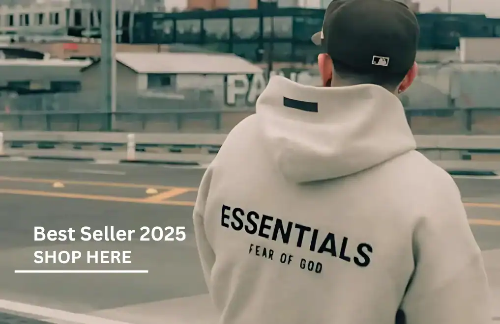 Fear of god essentials hoodie with branding and casual streetwear style.